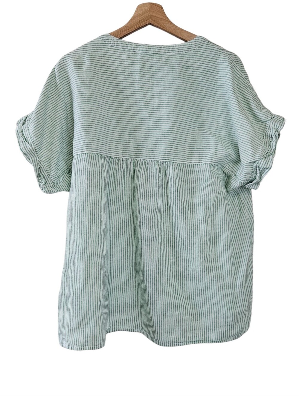Beachlunchlounge Green Striped Popover Blouse Linen Blend Lightweight Resort - Picture 2 of 5